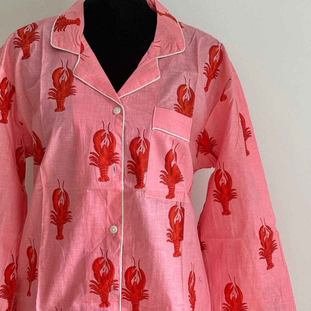 BRAND NEW Hand Block Printed Cotton Pajama Set: Pink Lobster Sleepwear - Picture 5 of 9